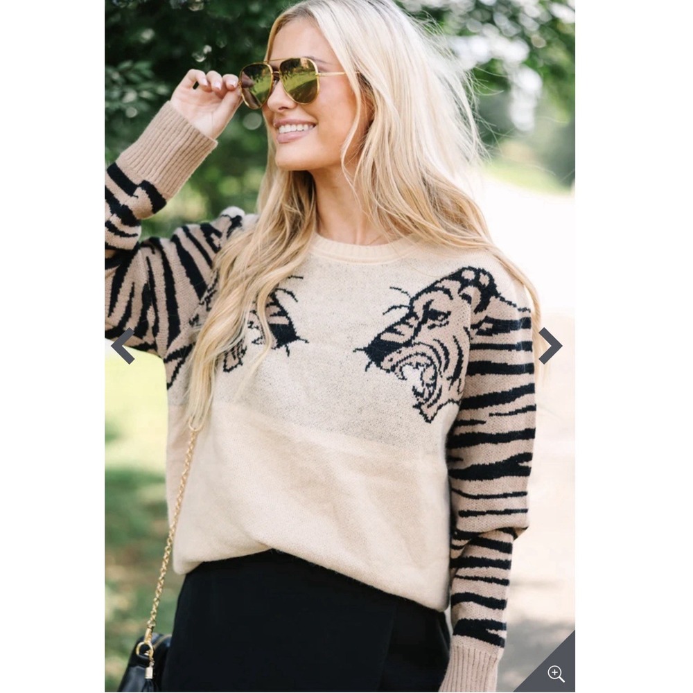 Bibi Tiger Sweater Women's Size Medium Boutique Oatmeal Oversized Boho